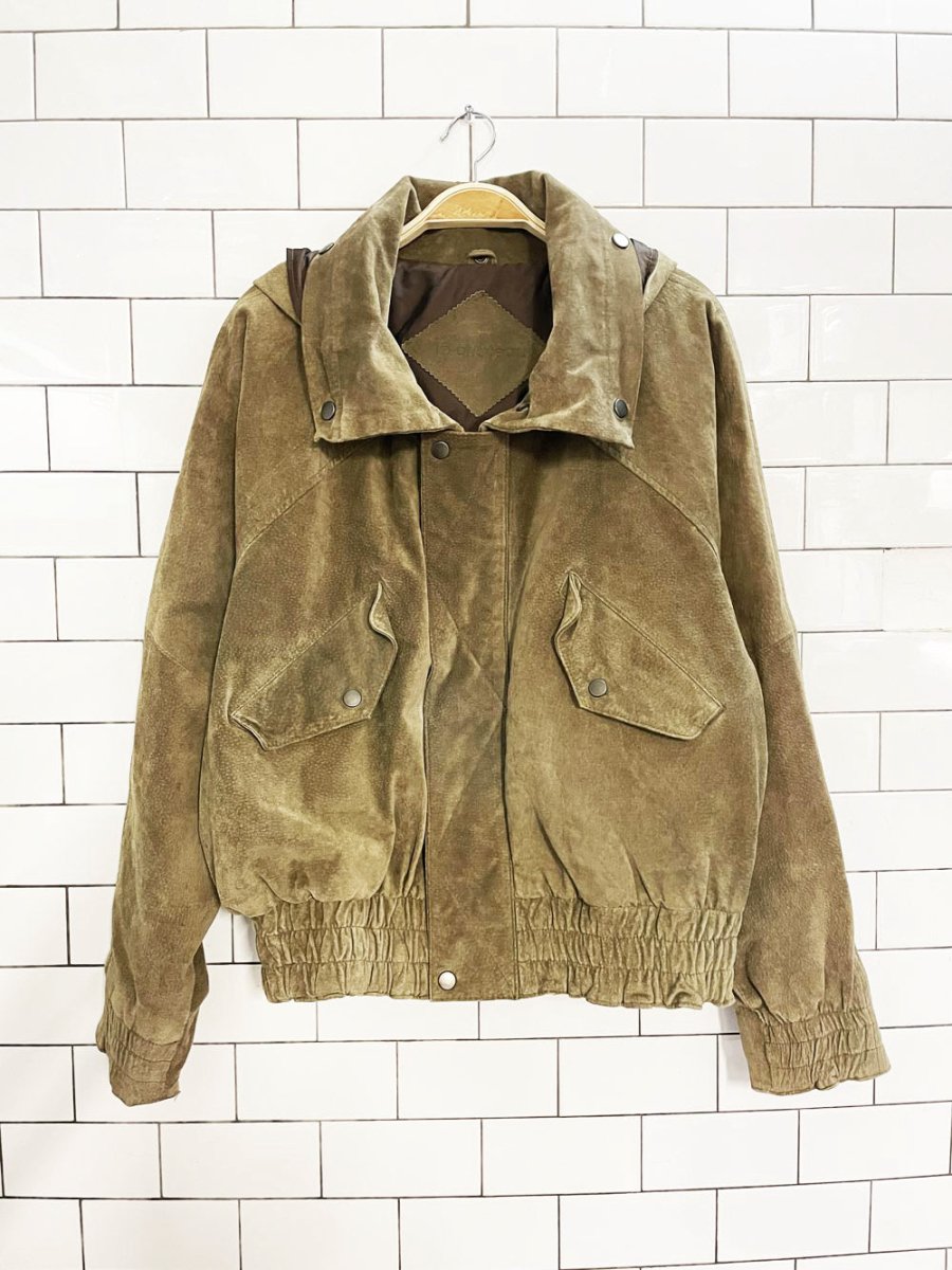 vintage 90s le chateau suede hooded bomber jacket | leather - good market thrift store