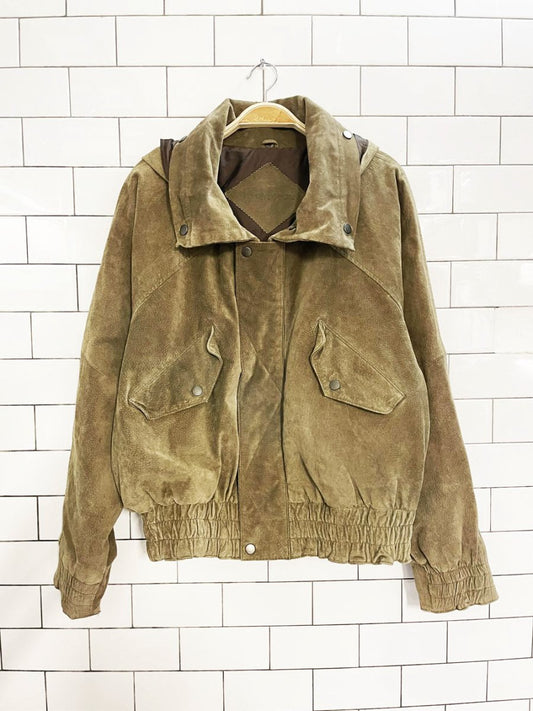 vintage 90s le chateau suede hooded bomber jacket | leather - good market thrift store