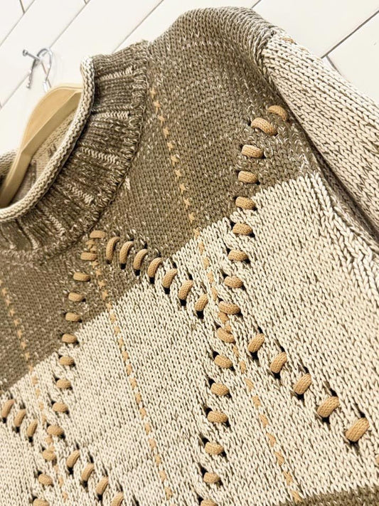 vintage 90s leonard studio argyle stitch earth tones chunky knit sweater - good market thrift store