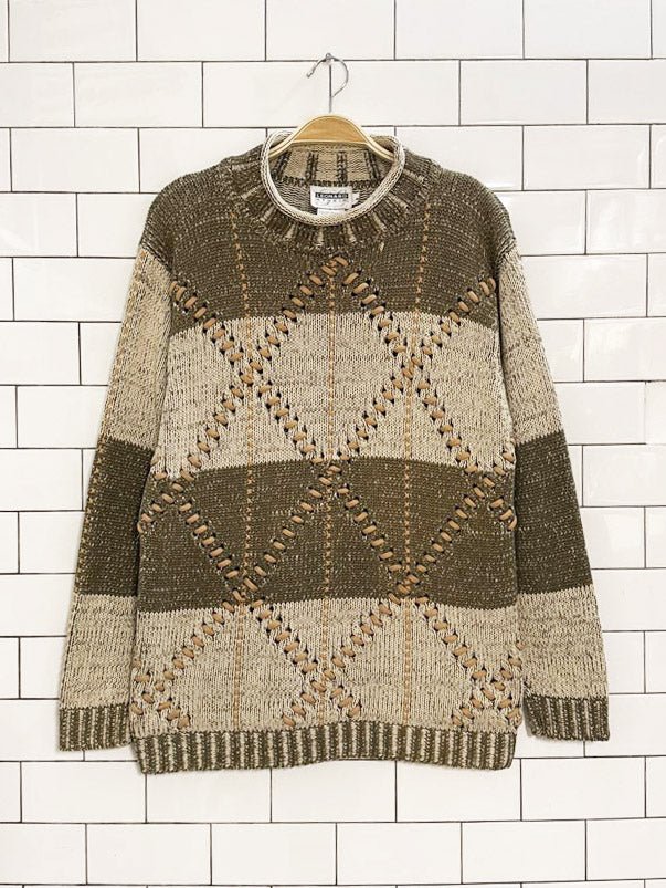 vintage 90s leonard studio argyle stitch earth tones chunky knit sweater - good market thrift store