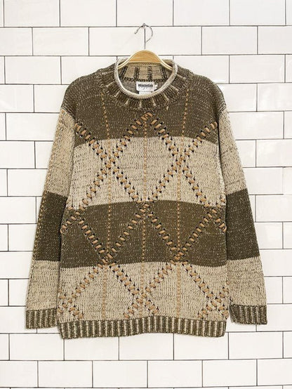 vintage 90s leonard studio argyle stitch earth tones chunky knit sweater - good market thrift store