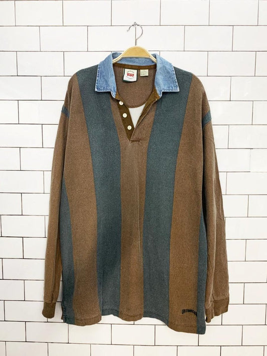vintage 90s levi's two tone denim collar faded rugby pullover - good market thrift store