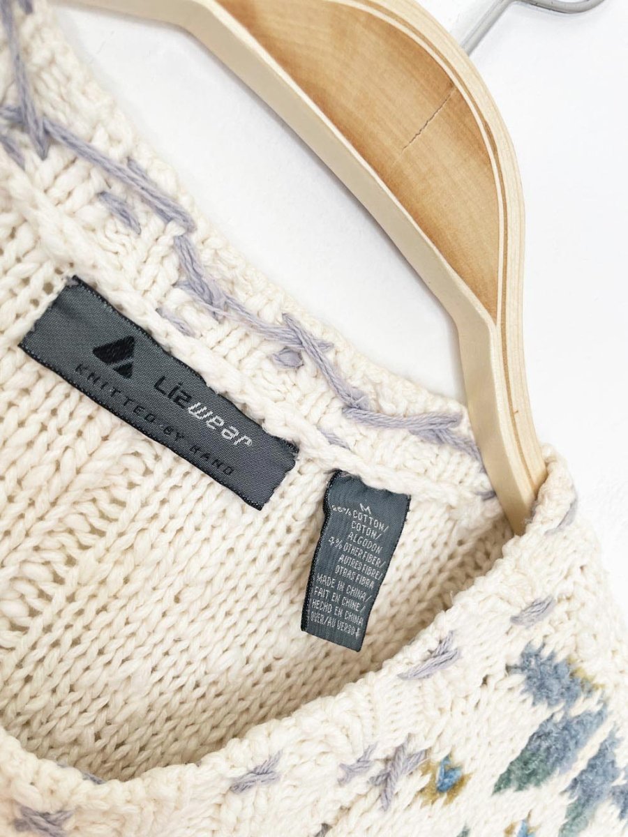 vintage 90s liz claiborne quilt star chunky knit cardigan | knitted by hand | lizwear - good market thrift store