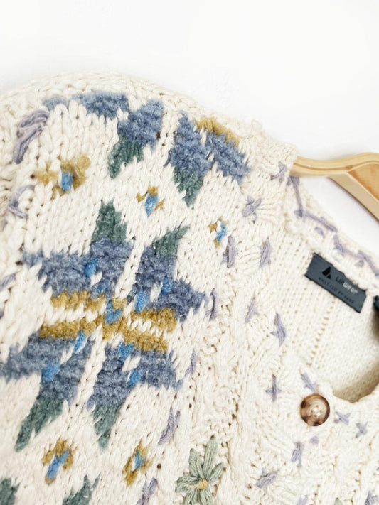 vintage 90s liz claiborne quilt star chunky knit cardigan | knitted by hand | lizwear - good market thrift store