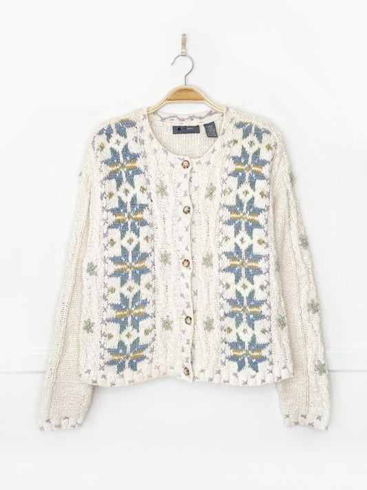 vintage 90s liz claiborne quilt star chunky knit cardigan | knitted by hand | lizwear - good market thrift store