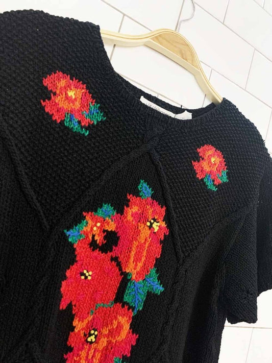 vintage 90s liz claiborne silk-blend hand-knit floral short sleeve sweater - good market thrift store
