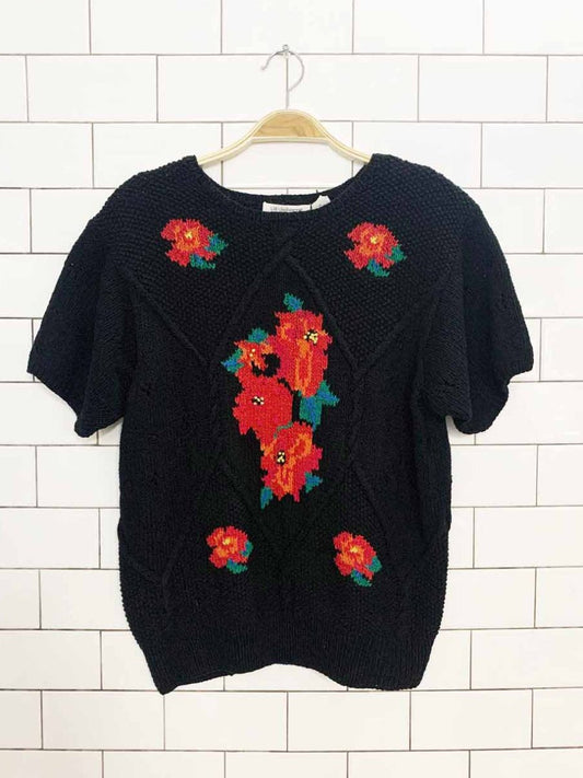 vintage 90s liz claiborne silk-blend hand-knit floral short sleeve sweater - good market thrift store