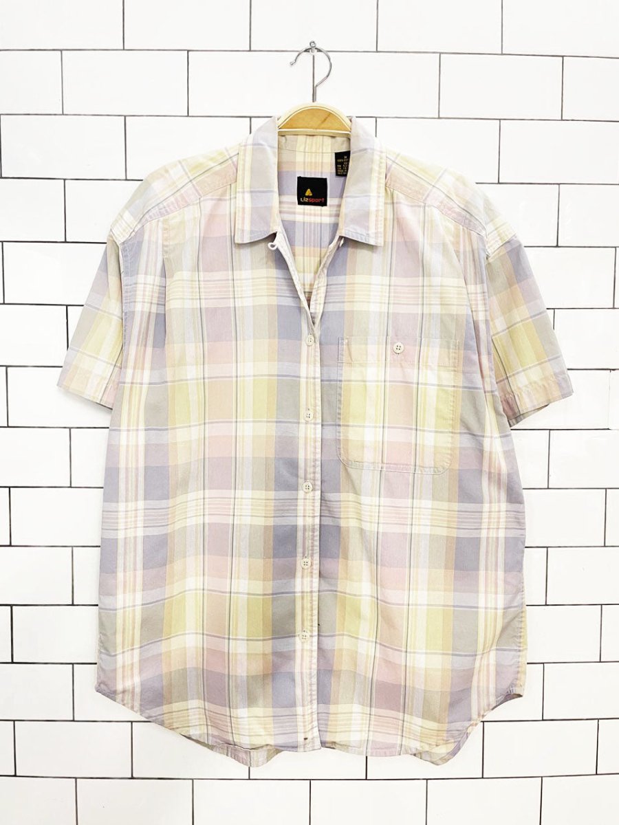 vintage 90s lizsport pastel plaid full button shirt | liz claiborne - good market thrift store