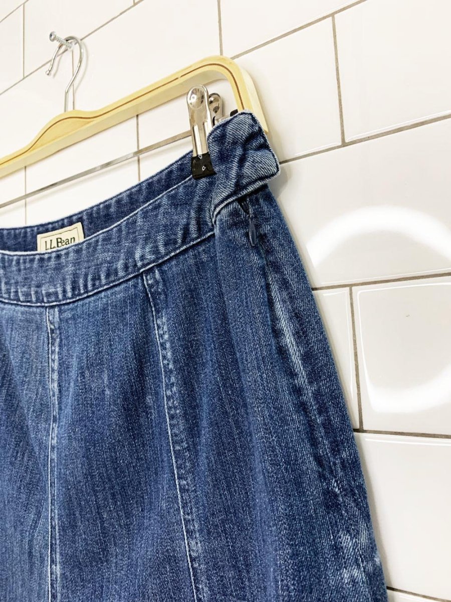 vintage 90s ll bean flare denim knee - length skirt | classic fit straight - good market thrift store