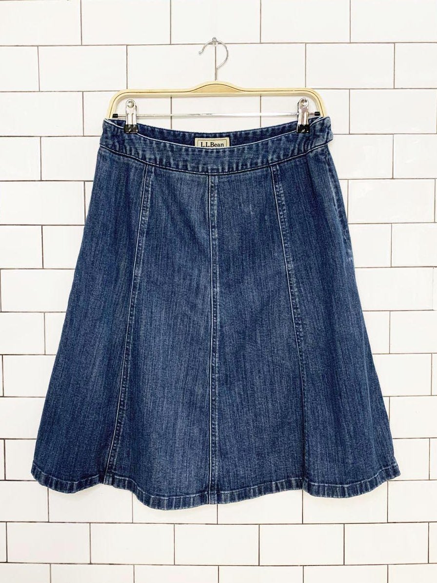 vintage 90s ll bean flare denim knee - length skirt | classic fit straight - good market thrift store