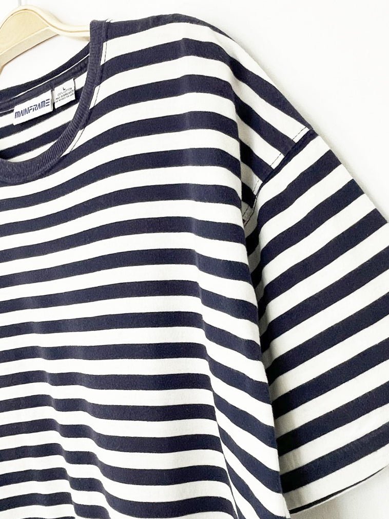 vintage 90s mainframe boxy blue stripe tee - good market thrift store