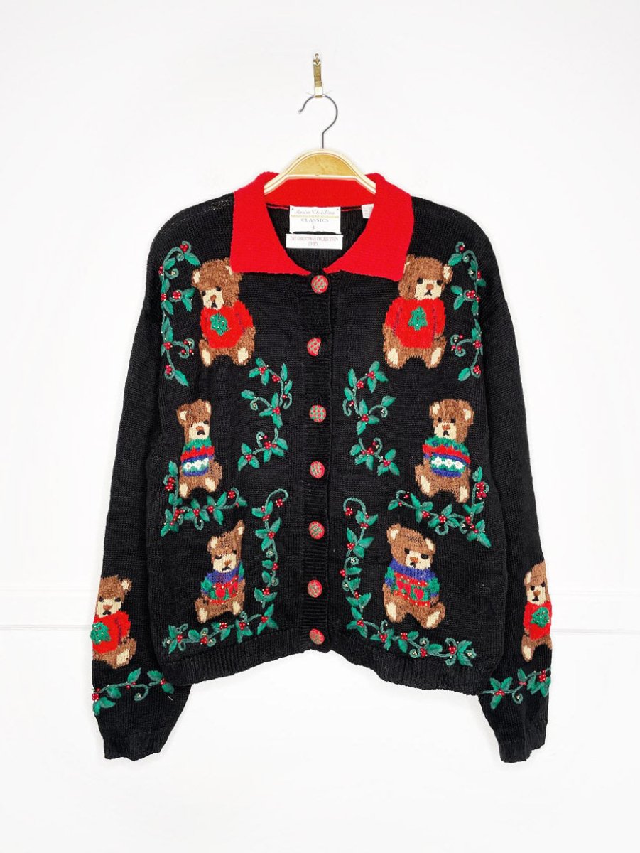 vintage 90s marissa christina holiday teddy bears knit cardigan - good market thrift store