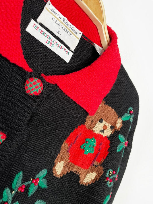 vintage 90s marissa christina holiday teddy bears knit cardigan - good market thrift store