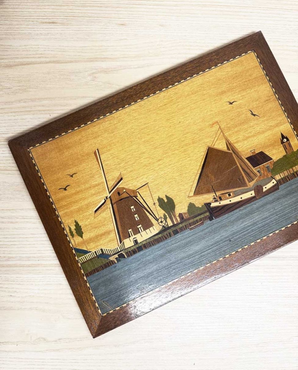vintage 90s marquetry dutch windmill + boot wooden wall art - good market thrift store