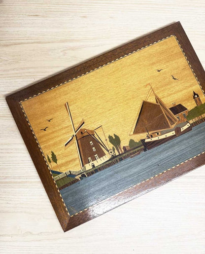 vintage 90s marquetry dutch windmill + boot wooden wall art - good market thrift store
