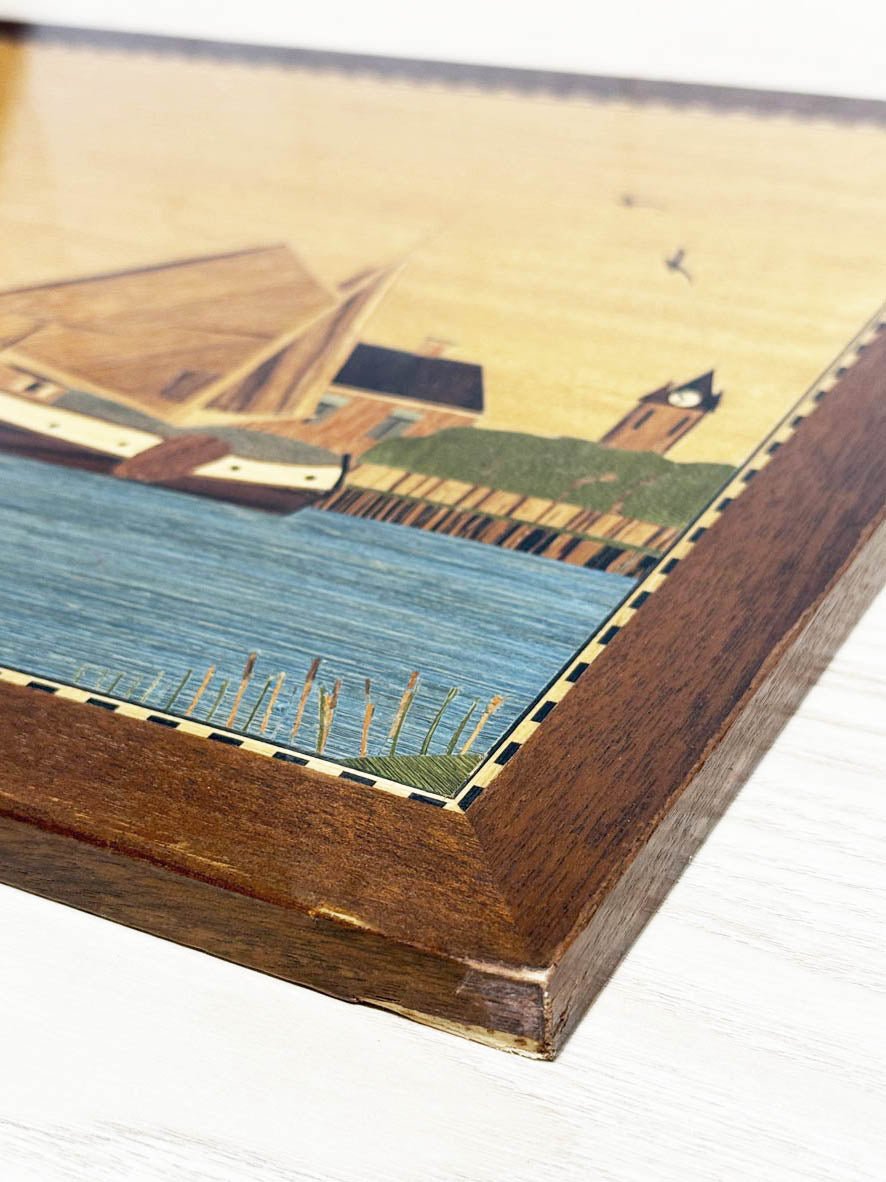 vintage 90s marquetry dutch windmill + boot wooden wall art - good market thrift store