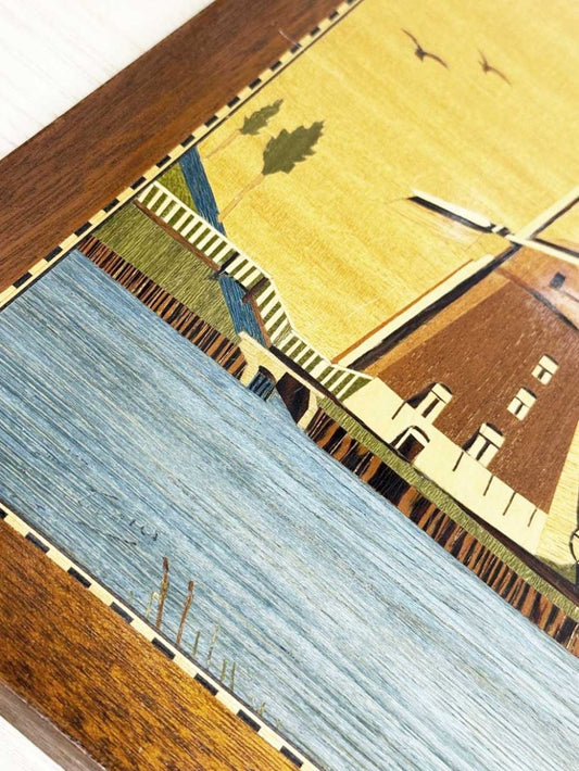 vintage 90s marquetry dutch windmill + boot wooden wall art - good market thrift store