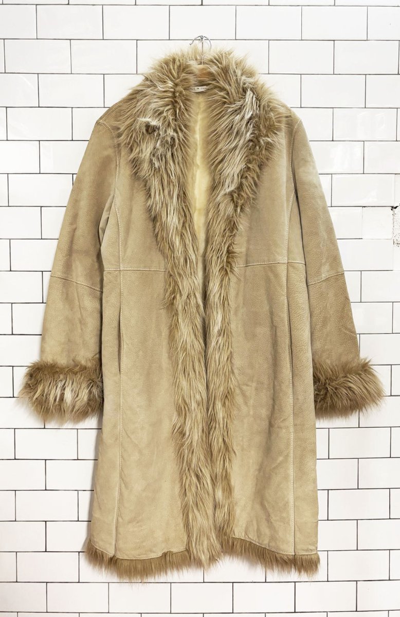 vintage 90s marvin richards suede penny lane coat | faux fur trim + liner - good market thrift store