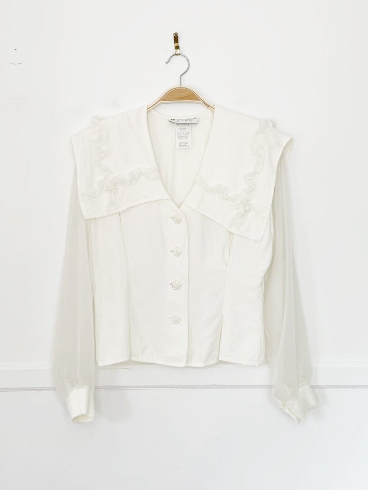 vintage 90s mj carroll ruffle trim sheer sleeve fitted blouse | made in USA - good market thrift store