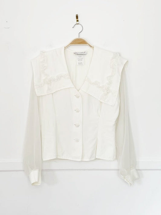 vintage 90s mj carroll ruffle trim sheer sleeve fitted blouse | made in USA - good market thrift store