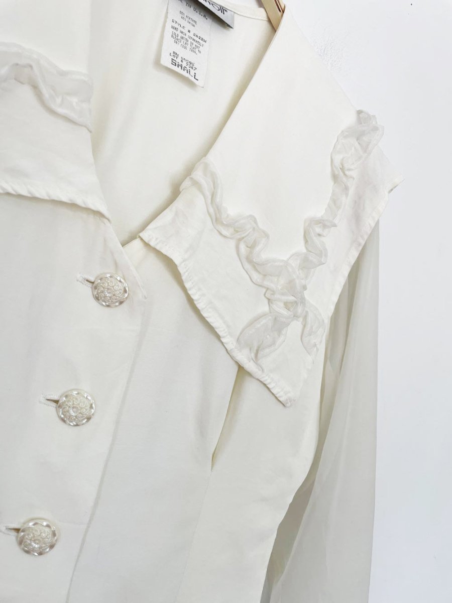 vintage 90s mj carroll ruffle trim sheer sleeve fitted blouse | made in USA - good market thrift store