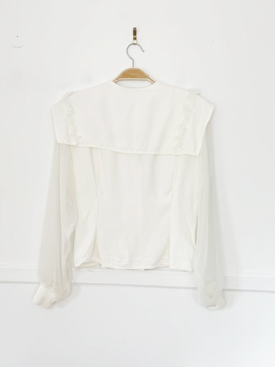 vintage 90s mj carroll ruffle trim sheer sleeve fitted blouse | made in USA - good market thrift store