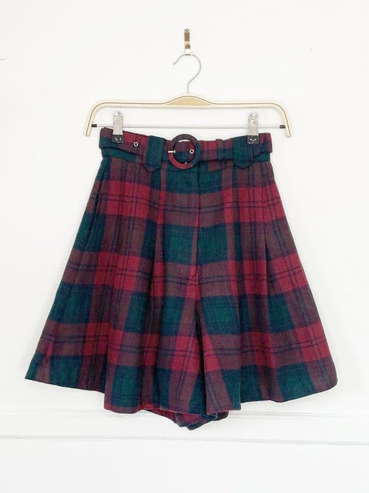 vintage 90s mode museum wool plaid belted high waist skirt shorts - good market thrift store