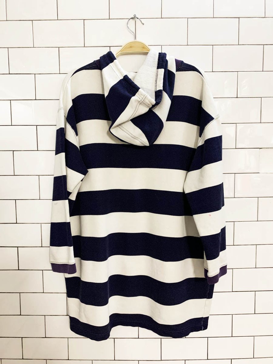 vintage 90s nada nuff blue stripe hooded light sweatshirt - good market thrift store