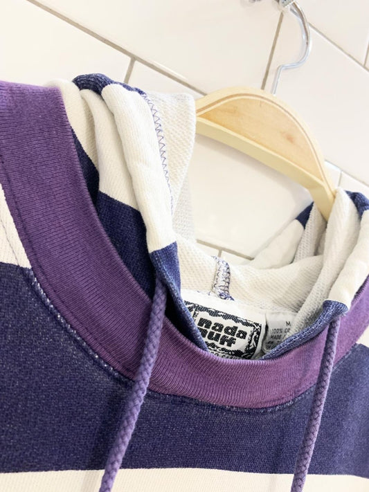 vintage 90s nada nuff blue stripe hooded light sweatshirt - good market thrift store