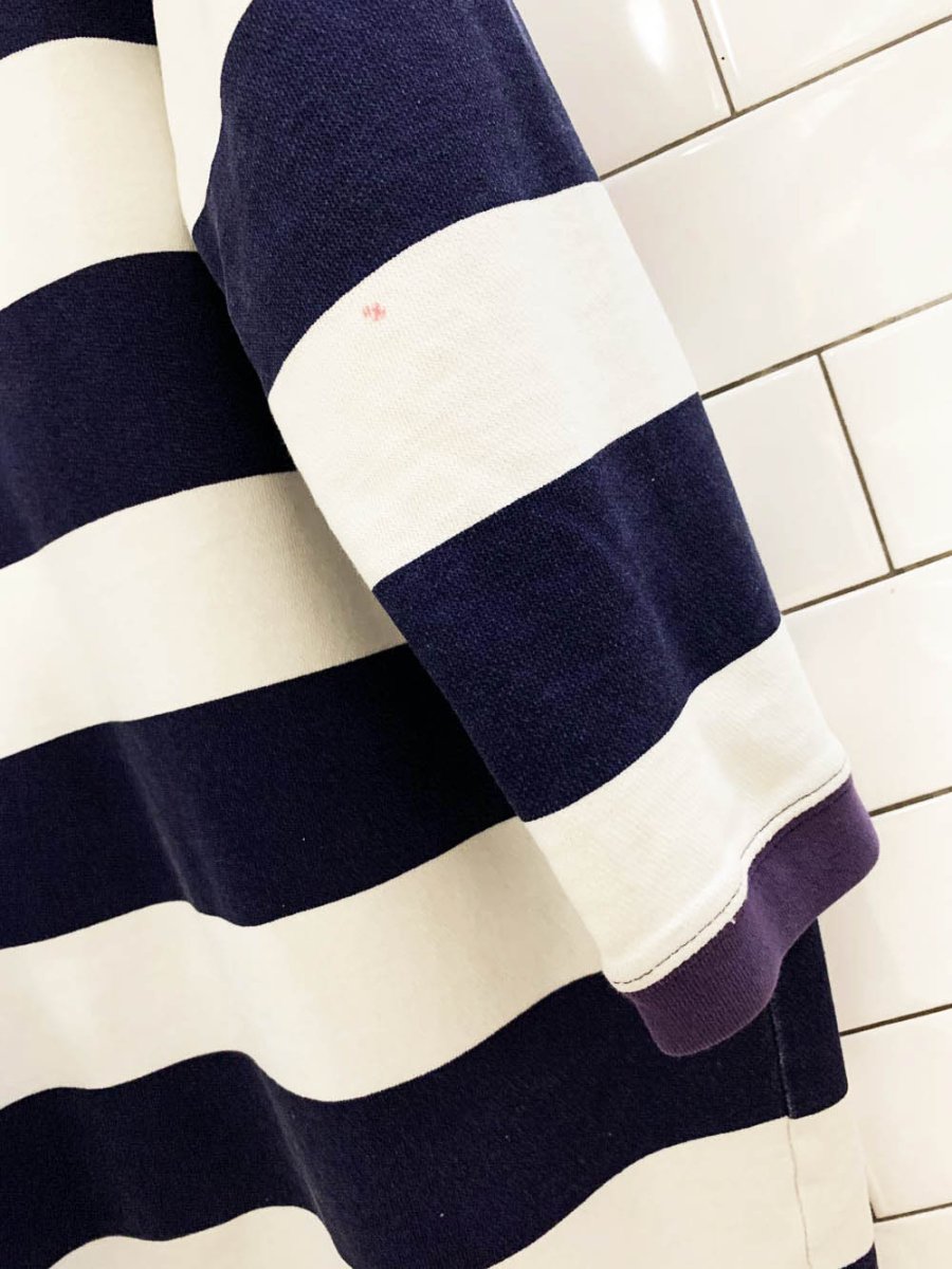 vintage 90s nada nuff blue stripe hooded light sweatshirt - good market thrift store