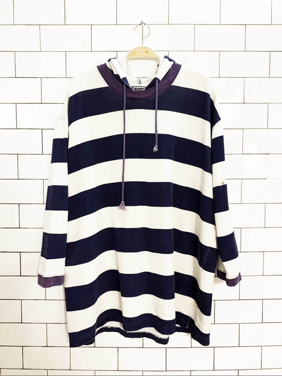 vintage 90s nada nuff blue stripe hooded light sweatshirt - good market thrift store