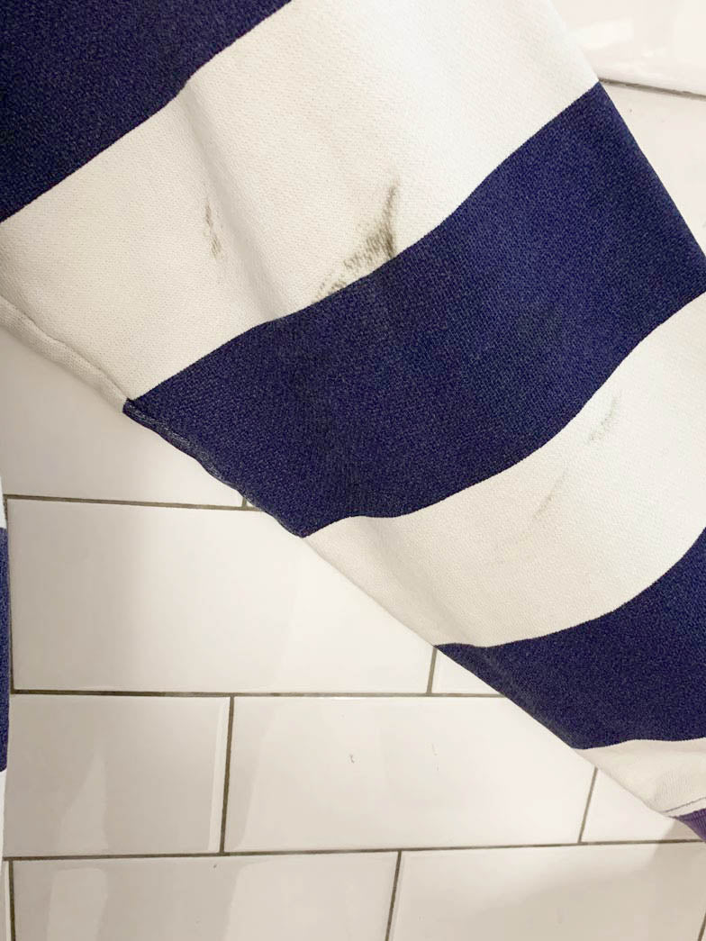 vintage 90s nada nuff blue stripe hooded light sweatshirt - good market thrift store