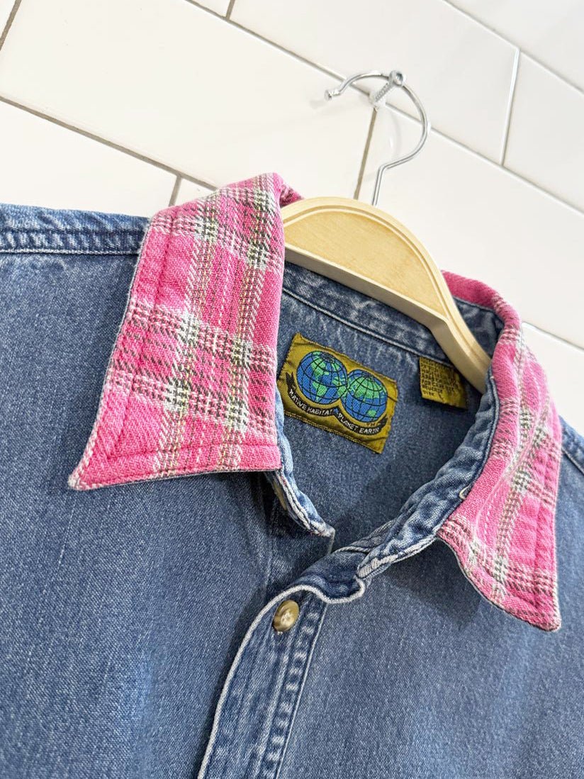 vintage 90s native habitat plaid collar denim shirt jacket - good market thrift store