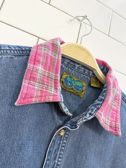 vintage 90s native habitat plaid collar denim shirt jacket - good market thrift store