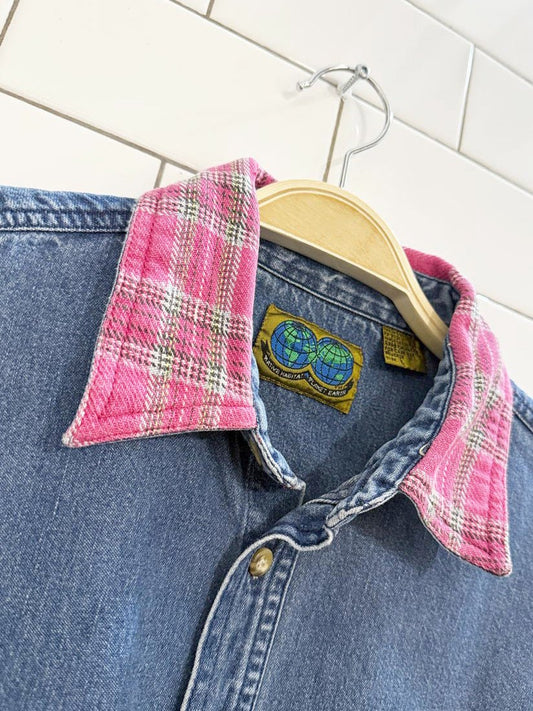 vintage 90s native habitat plaid collar denim shirt jacket - good market thrift store