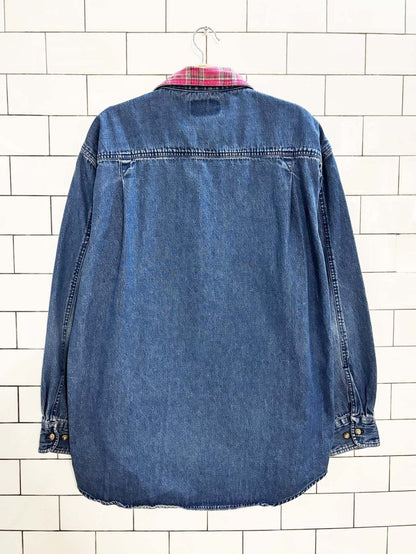 vintage 90s native habitat plaid collar denim shirt jacket - good market thrift store