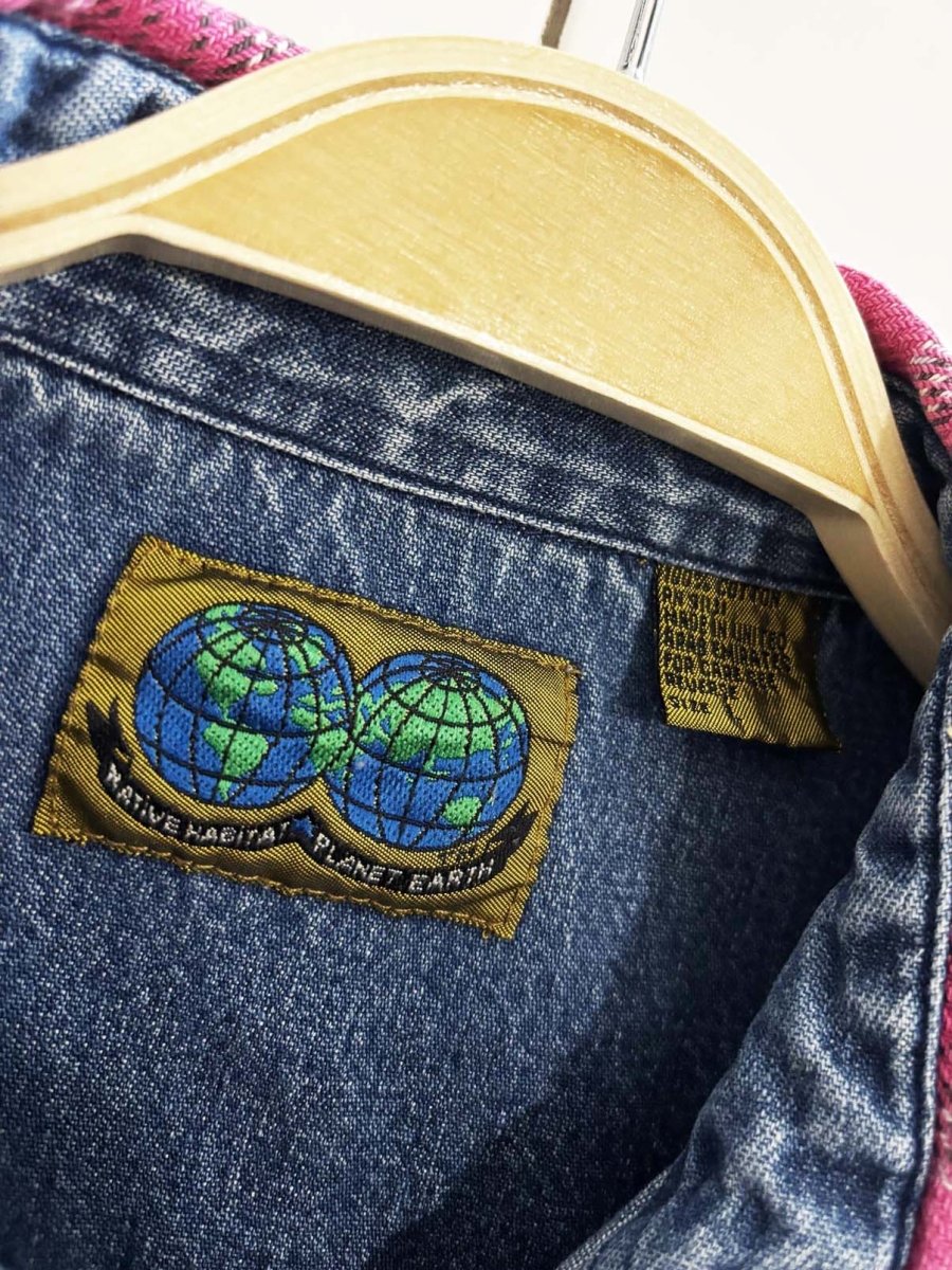 vintage 90s native habitat plaid collar denim shirt jacket - good market thrift store
