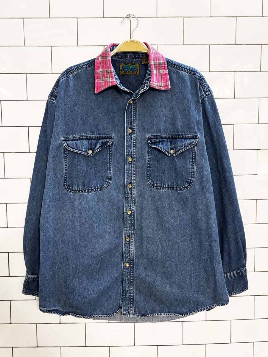 vintage 90s native habitat plaid collar denim shirt jacket - good market thrift store