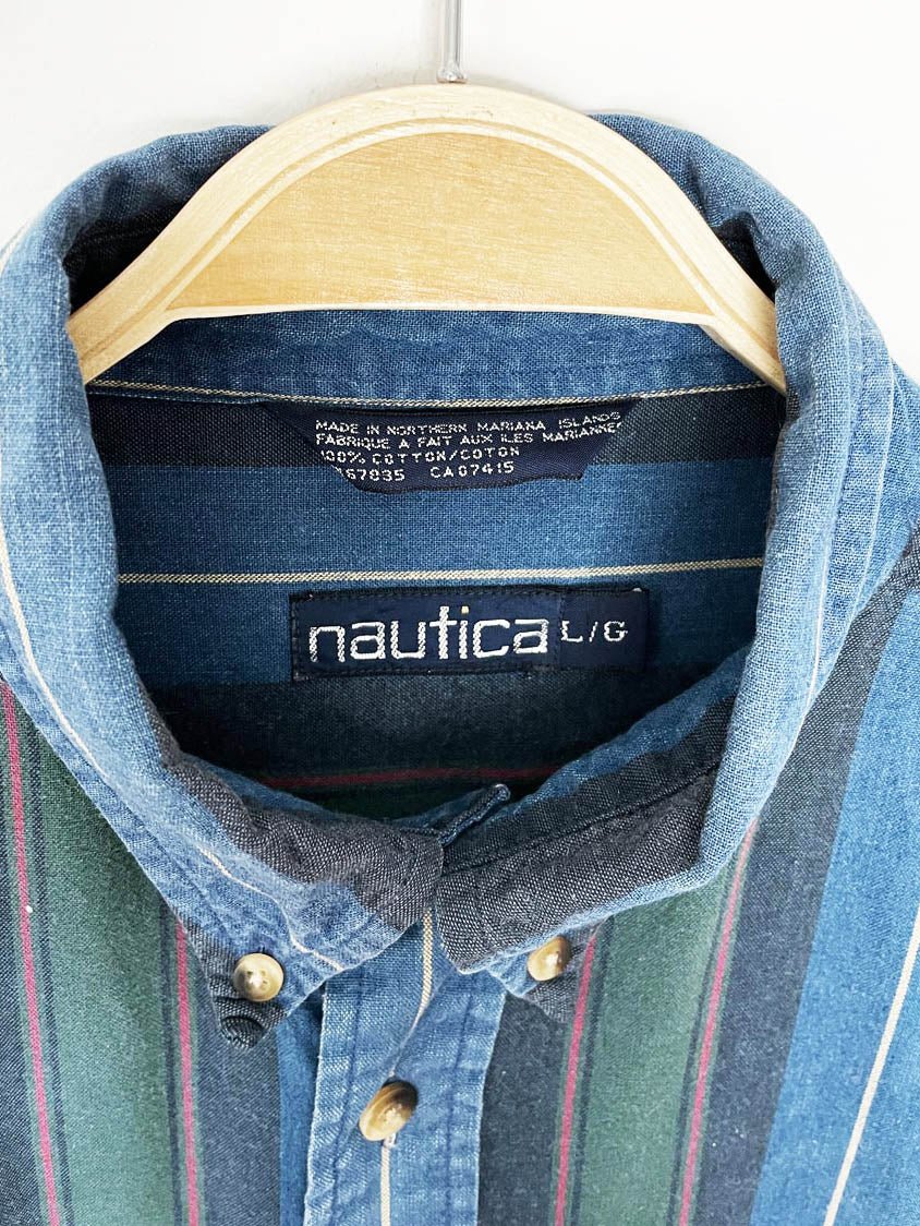 vintage 90s nautica crest pocket blue stripe full button shirt - good market thrift store
