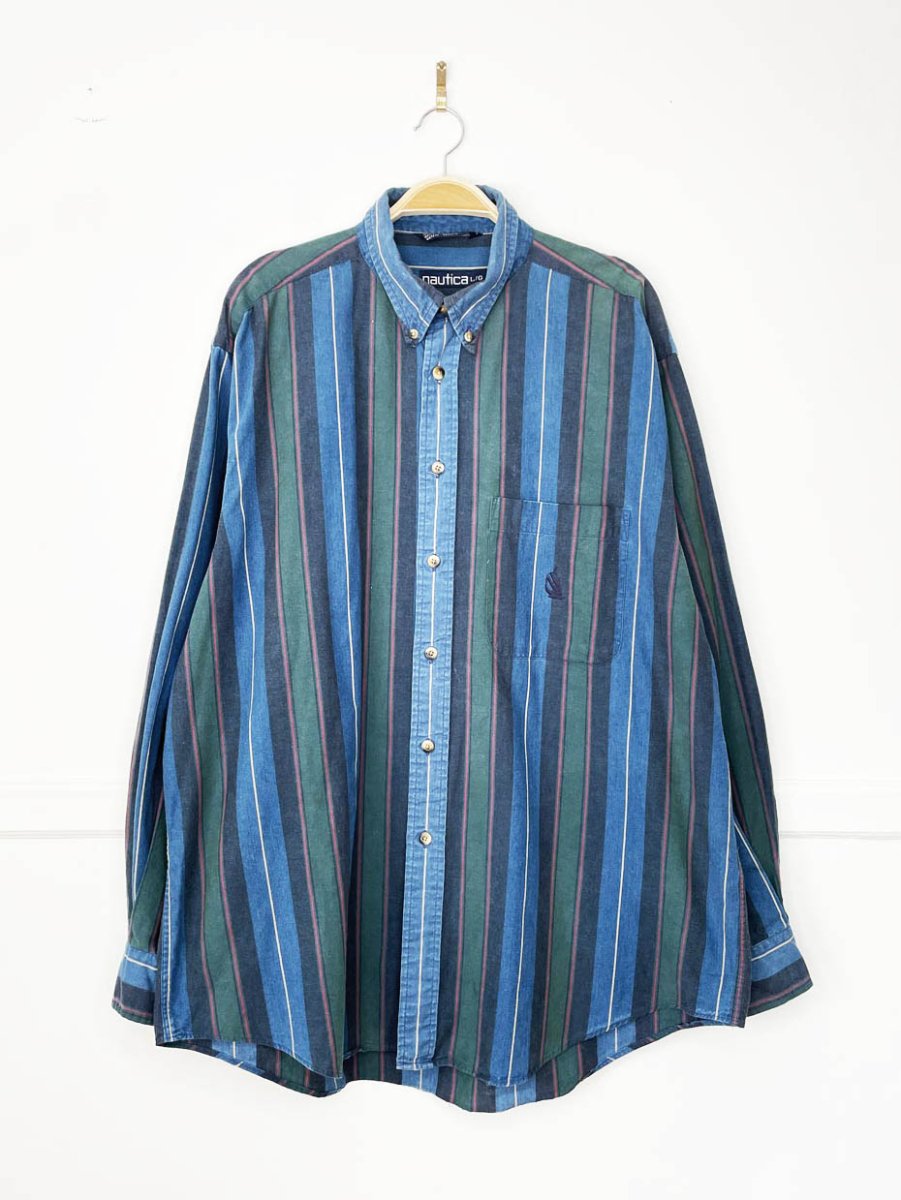 vintage 90s nautica crest pocket blue stripe full button shirt - good market thrift store