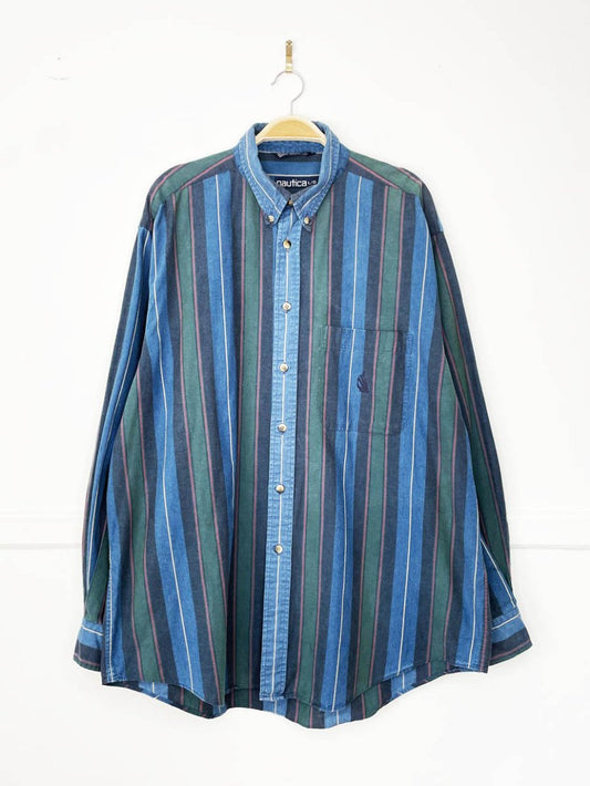 vintage 90s nautica crest pocket blue stripe full button shirt - good market thrift store