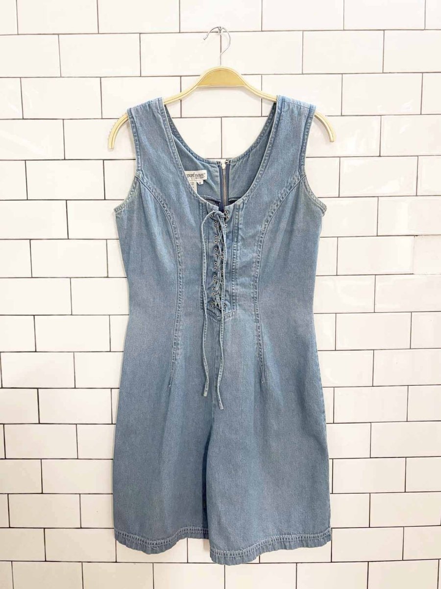 vintage 90s newport news tie front denim romper - good market thrift store