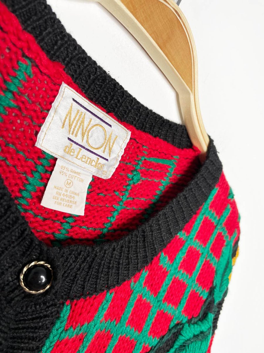 vintage 90s ninon de lenclos holiday wreath knit cardigan - good market thrift store