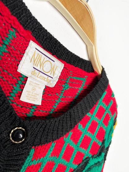 vintage 90s ninon de lenclos holiday wreath knit cardigan - good market thrift store