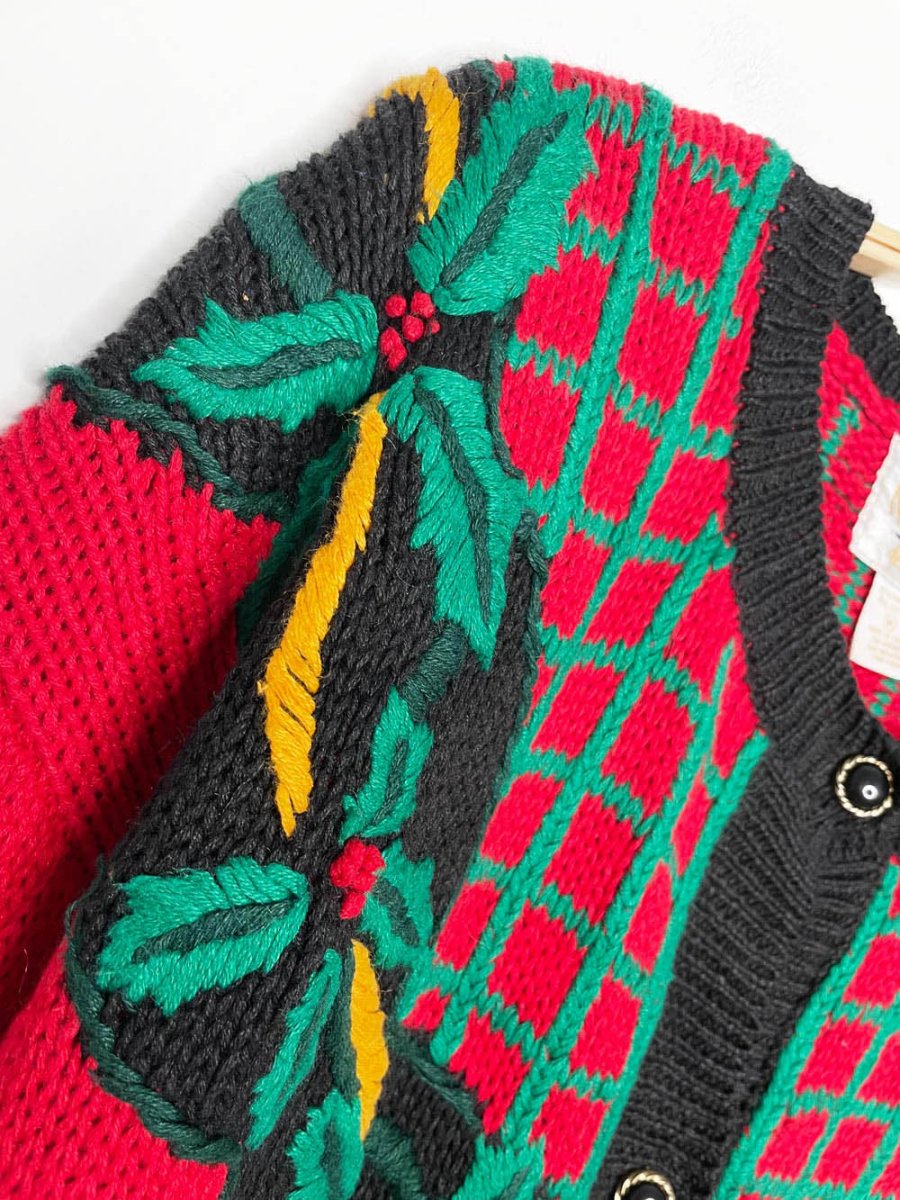 vintage 90s ninon de lenclos holiday wreath knit cardigan - good market thrift store