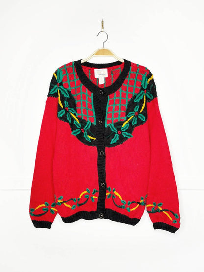 vintage 90s ninon de lenclos holiday wreath knit cardigan - good market thrift store