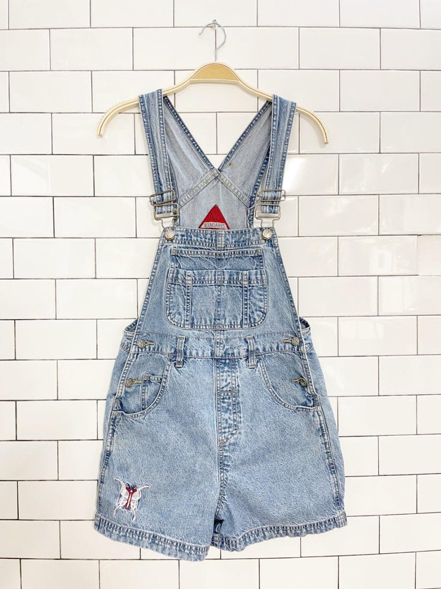 vintage 90s no boundaries embroidered butterfly denim overall shorts - good market thrift store