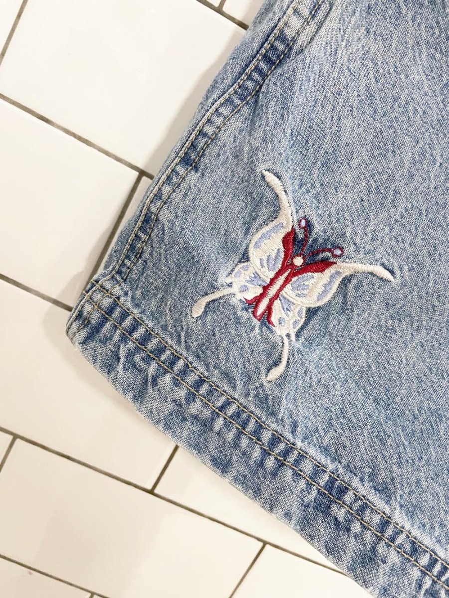 vintage 90s no boundaries embroidered butterfly denim overall shorts - good market thrift store