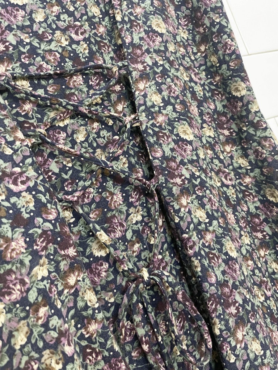 vintage 90s no boundaries pearl-button corset back micro floral maxi dress - good market thrift store