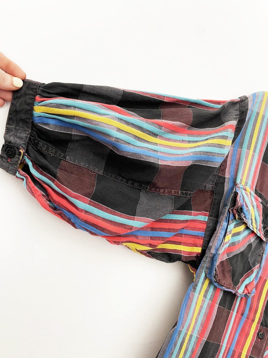 vintage 90s non-stop plaid balloon short sleeve full button shirt | made in india - good market thrift store